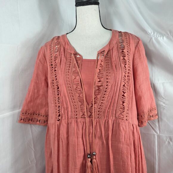 Knox Rose Dress Women L Salmon Cotton Boho Crochet Trim Tassel Peasant Dress NWT - Picture 3 of 14